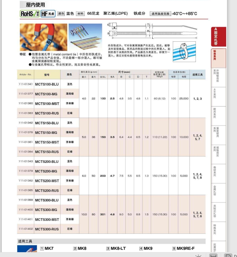 MCTS300-BLU海爾曼太通含金屬扎帶111-01399，食品級(jí)扎線帶